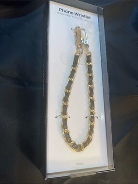 NIB Universal Phone Wristlet Golden Chain With Faux Black leather 12.5in